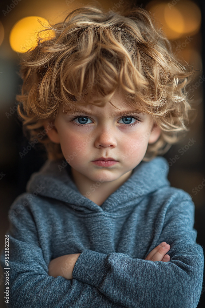 A young boy with blonde hair and blue eyes is wearing a gray hoodie A young boy with blonde hair and blue eyes is wearing a gray hoodie