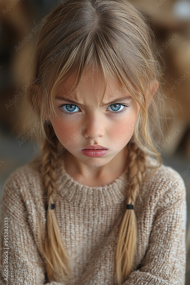 A young girl with blue eyes and blonde hair is wearing a brown sweater A young girl with blue eyes and blonde hair is wearing a brown sweater