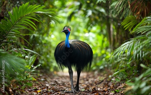 A striking cassowary with vibrant blue neck and black plumage stands in a lush tropical rainforest path, showcasing its prehistoric appearance and unique beauty photo