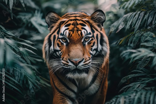 Close-up of a Tiger's Face in a Lush Green Jungle