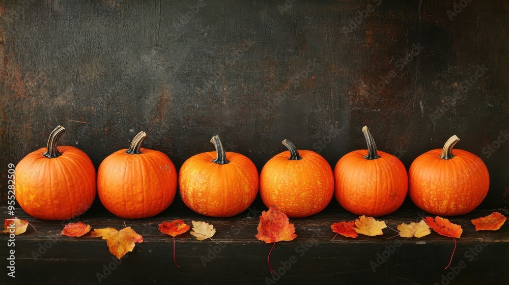 A row of pumpkins with leaves on a table A row of pumpkins with leaves on a table