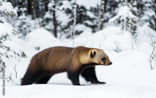 A wolverine traverses a snow-covered forest, its brown fur contrasting with the white landscape, showcasing the adaptability of this hardy northern predator photo