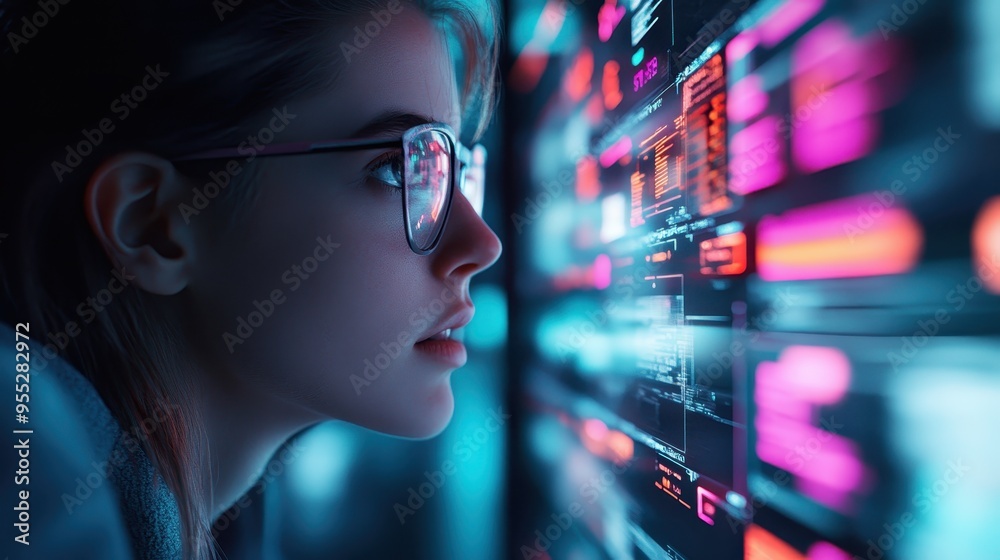 A person intensely focuses on multiple digital screens displaying vibrant, colorful code and data, symbolizing the tech-driven world of programming, cybersecurity, and data analysis. A person intensely focuses on multiple digital screens displaying vibrant, colorful code and data, symbolizing the tech-driven world of programming, cybersecurity, and data analysis.