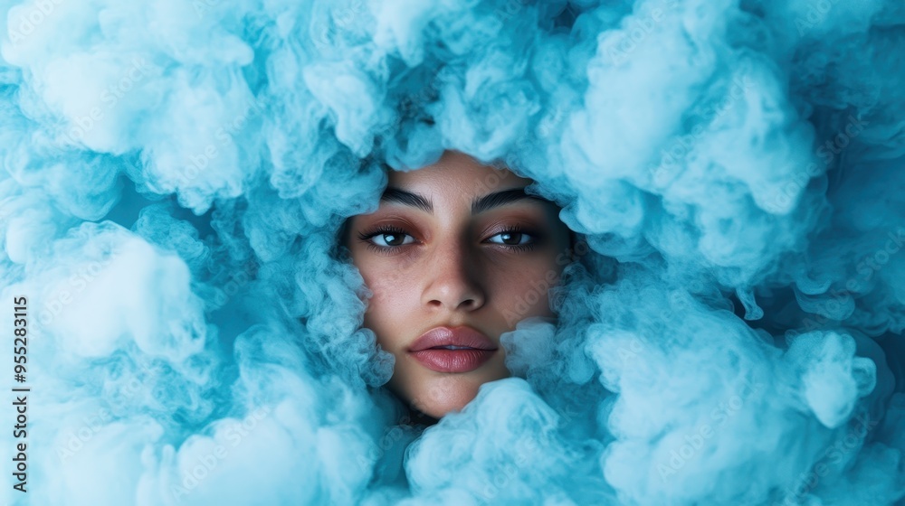 A woman's serene face peeks through a flurry of blue clouds, her eyes open, creating a peaceful and dreamlike atmosphere in this ethereal and abstract depiction. A woman's serene face peeks through a flurry of blue clouds, her eyes open, creating a peaceful and dreamlike atmosphere in this ethereal and abstract depiction.