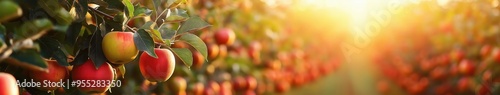 Sunlit Apple Orchard Close-Up with Ripe Apples