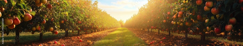 Fototapeta premium Sunlit Orchard Path Between Rows of Apple Trees