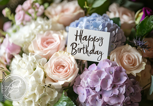 “A Bouquet of Roses, Hydrangeas, and Peonies with a ‘Happy Birthday’ Card, Representing Celebration, Love, and Festive Joy, Perfect for Themes of Birthday Wishes, Floral Arrangements, and Special Occa photo