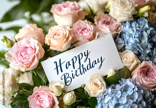 “A Bouquet of Roses, Hydrangeas, and Peonies with a ‘Happy Birthday’ Card, Representing Celebration, Love, and Festive Joy, Perfect for Themes of Birthday Wishes, Floral Arrangements, and Special Occa