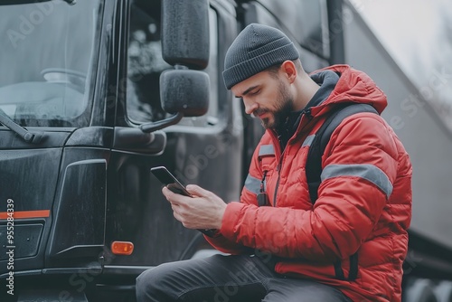 Man in red jacket using smartphone by truck
