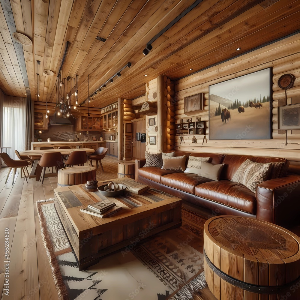 Living room with leather sofa and wooden tables Materials: leather, parota wood Style: rustic Shot: panoramic Camera: DSLR Lens: 24mm Depth of field: medium, created with generative AI tools. Living room with leather sofa and wooden tables Materials: leather, parota wood Style: rustic Shot: panoramic Camera: DSLR Lens: 24mm Depth of field: medium, created with generative AI tools.