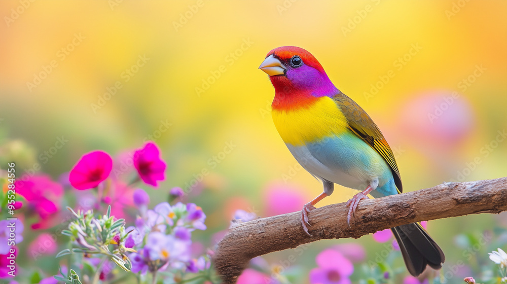 Gouldian sparrow with brightly colored feathers, perched on a tree branch with a background of meadow and wildflowers, Ai generated images Gouldian sparrow with brightly colored feathers, perched on a tree branch with a background of meadow and wildflowers, Ai generated images