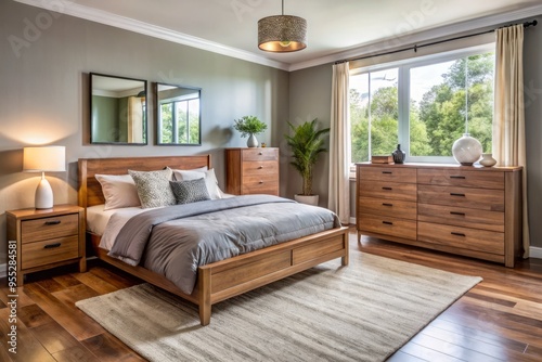 Sleek and modern bedroom design showcases a stunning wooden dresser from a trusted furniture brand, perfect for storing photo