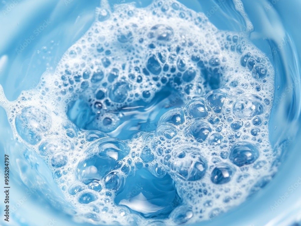 Naklejka premium Close-up of foamy blue water, capturing the essence of a powerful cleaning agent, with intricate bubbles reflecting light, symbolizing the effectiveness of the detergent in achieving a deep clean.
