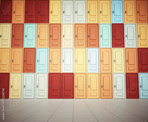 Different doors on wall.