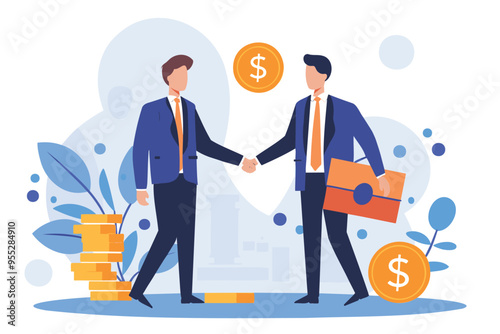 Successful Salary Negotiation: Businesspeople Handshaking on Pile of Money after Reaching Agreement on Pay Raise