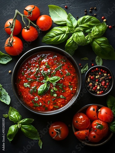 an ad for a tomate paste, clean green background, hot pot down the picture, top view