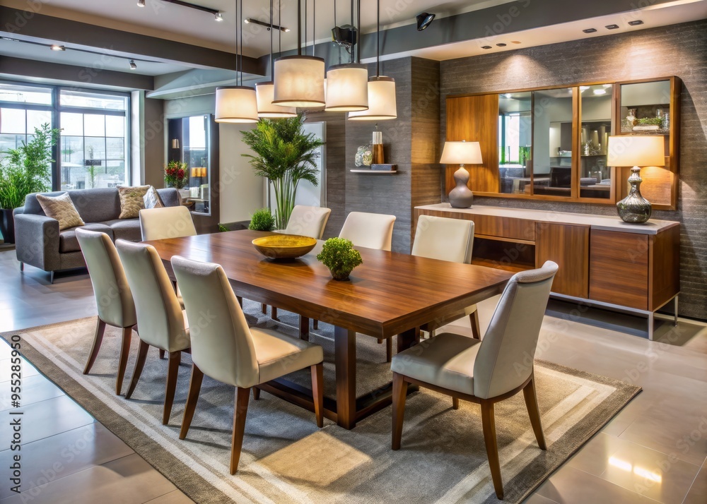 Sleek and stylish dining room furniture on display in a spacious showroom, featuring cutting-edge designs and warm Sleek and stylish dining room furniture on display in a spacious showroom, featuring cutting-edge designs and warm