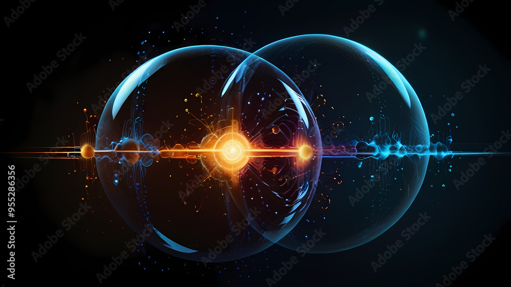 A futuristic abstract scene where negative and positive ions are visualized as floating orbs surrounded by energy waves, with a dark background highlighting the contrast between opposing forces A futuristic abstract scene where negative and positive ions are visualized as floating orbs surrounded by energy waves, with a dark background highlighting the contrast between opposing forces