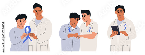 Prostate Cancer Awareness Ribbon. Man and doctor with male health symbol. Vector flat illustration