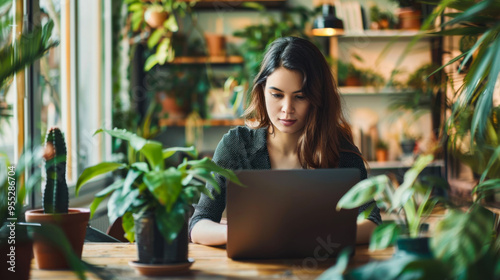 Woman working on laptop in green office