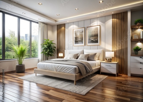 Sleek contemporary bedroom with white furniture set against a rich wooden floor, balanced by statement wall art that