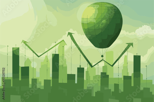 Soaring Green Graph and Balloon Symbolizing Market Growth, Economic Prosperity, and High-Performance Profits in Business