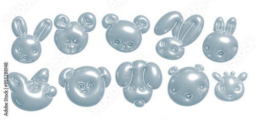 Abstract metallic bubbles in shape of animals muzzles on a transparent background in dotted halftone style. y2k chrome prop Design. Flowing glowing spheres. Vector 3d imitating illustration.