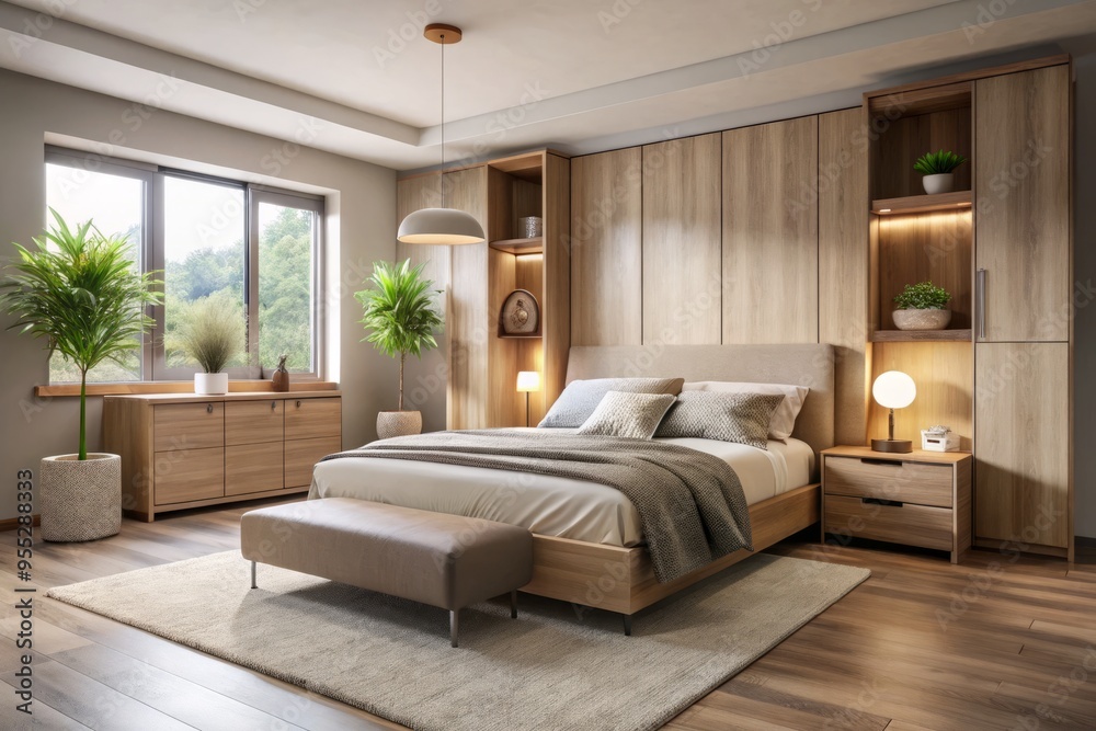 Sleek MDF furniture in neutral tones creates a cozy contemporary haven in this modern bedroom, where soft lighting Sleek MDF furniture in neutral tones creates a cozy contemporary haven in this modern bedroom, where soft lighting