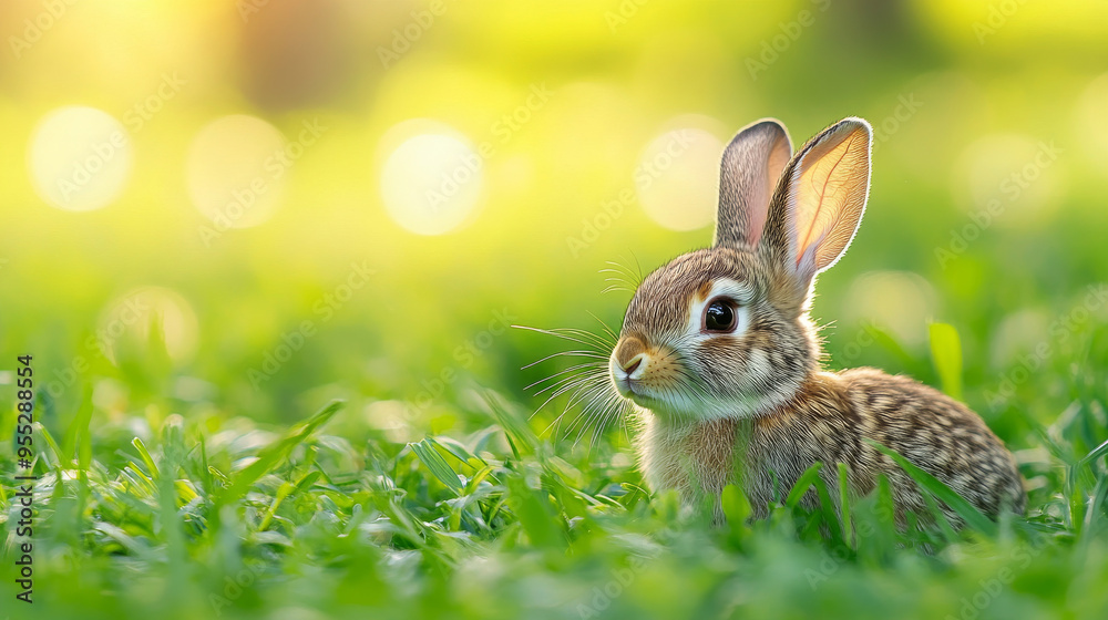 Fototapeta premium Easter is coming! Small cute bunny/hare/rabbit in green young spring grass, symbol of Easter and spring - new life 