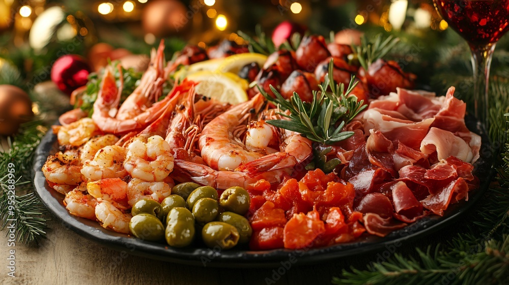 A beautifully arranged platter of Spanish tapas including gambas, jamon, and olives, set against a festive backdrop A beautifully arranged platter of Spanish tapas including gambas, jamon, and olives, set against a festive backdrop