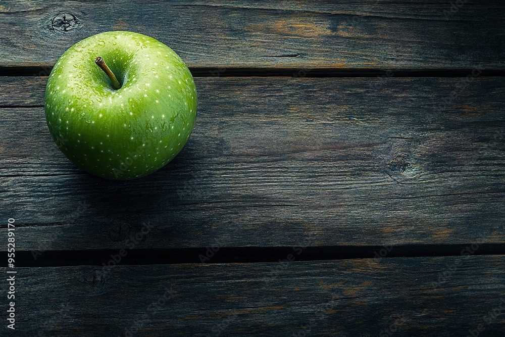 Green apple on dark wooden texture Green apple on dark wooden texture