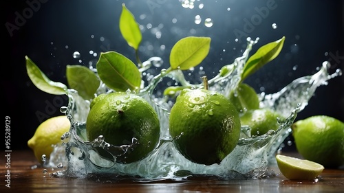 Fresh limes splattering with foliage, remove photo