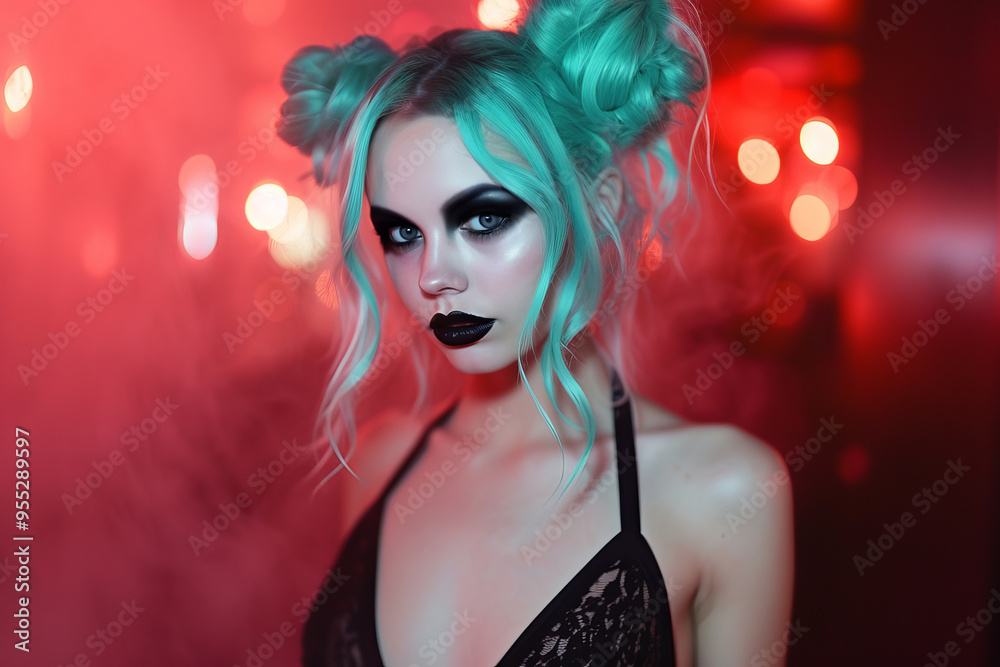 Stylish young woman with turquoise hair in double buns and black lipstick enjoys vibrant night out in nightclub with red lighting, sexy lady of the night concept Stylish young woman with turquoise hair in double buns and black lipstick enjoys vibrant night out in nightclub with red lighting, sexy lady of the night concept