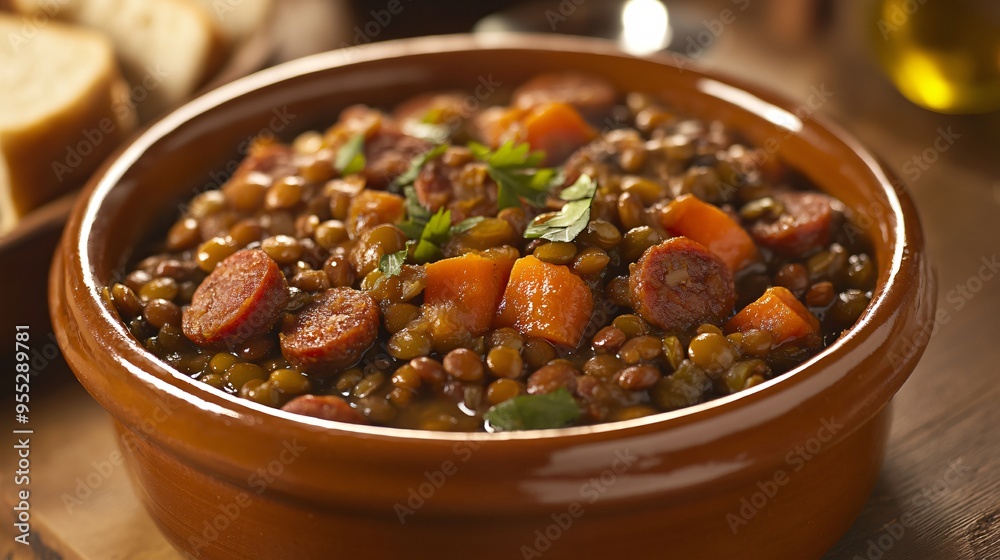 A dish of lentejas con chorizo, lentil stew with chorizo and vegetables, served in a deep ceramic bowl A dish of lentejas con chorizo, lentil stew with chorizo and vegetables, served in a deep ceramic bowl
