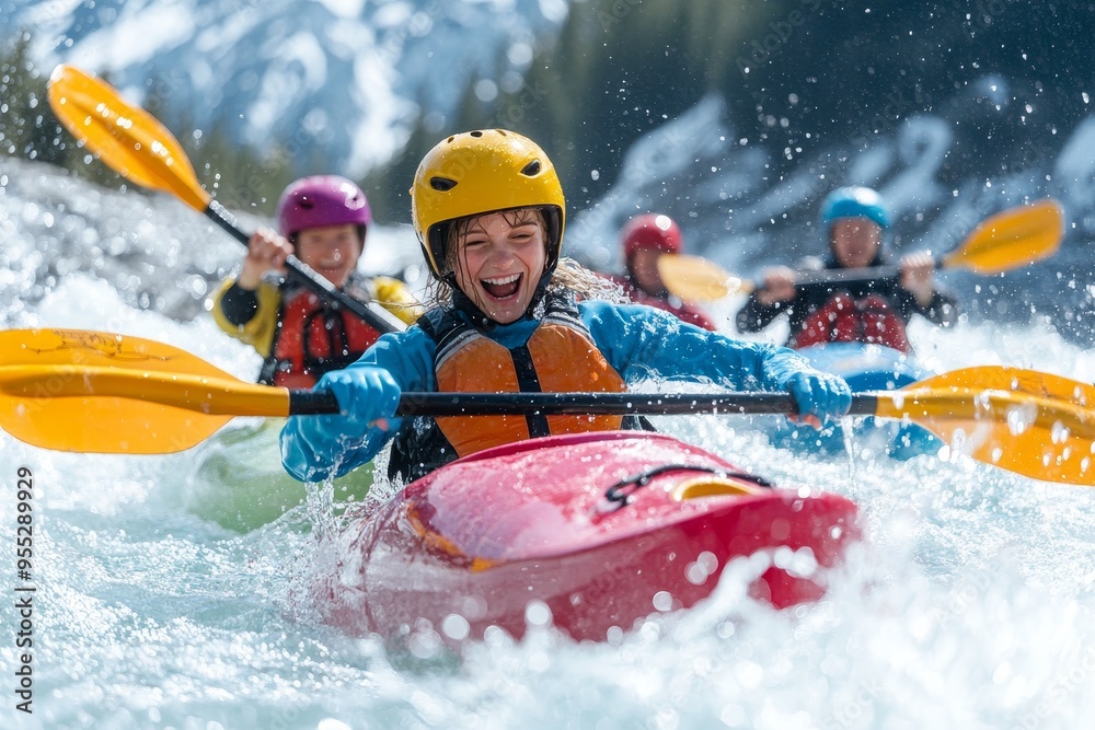 A group of enthusiastic kayakers navigate lively waters while enjoying a sunny day outdoors amidst stunning natural landscapes A group of enthusiastic kayakers navigate lively waters while enjoying a sunny day outdoors amidst stunning natural landscapes