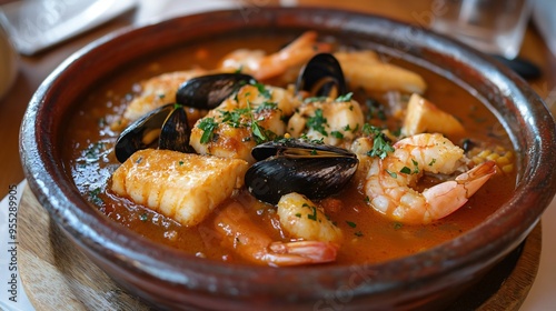 A dish of zarzuela de mariscos, a rich seafood stew with fish, mussels, and shrimp, served in a deep ceramic bowl