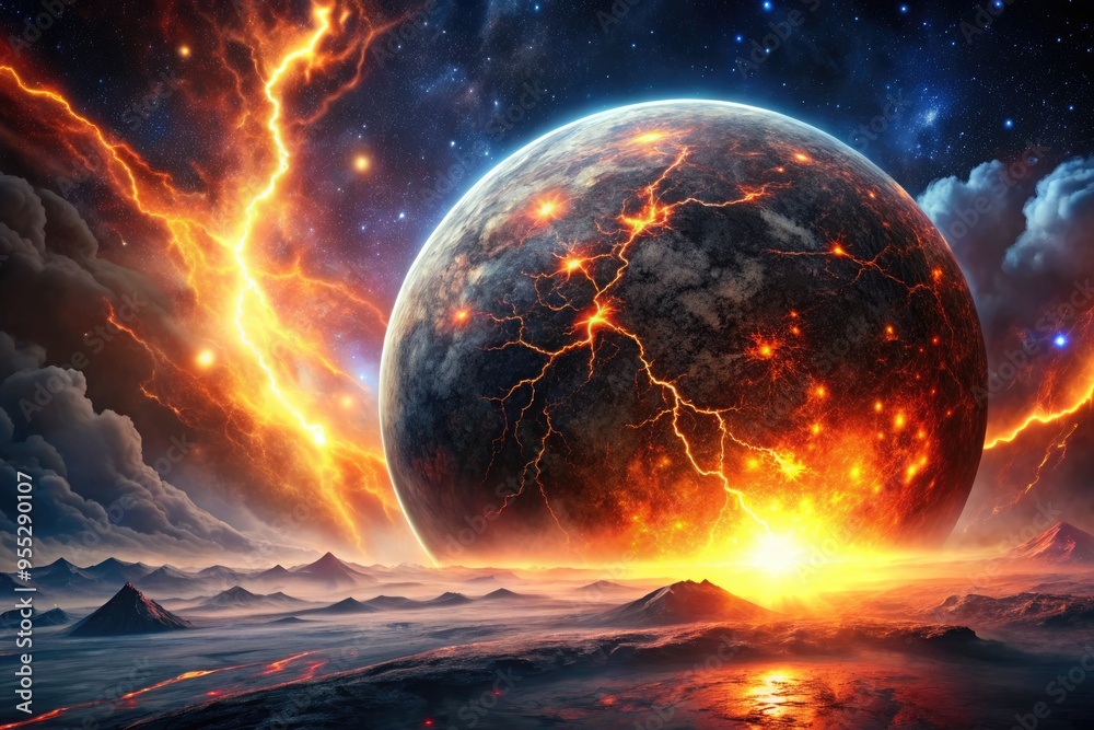 Fiery planet with glowing lava against a starry backdrop. Fiery planet with glowing lava against a starry backdrop.
