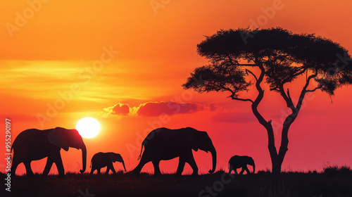 Elephants silhouette at sunset 