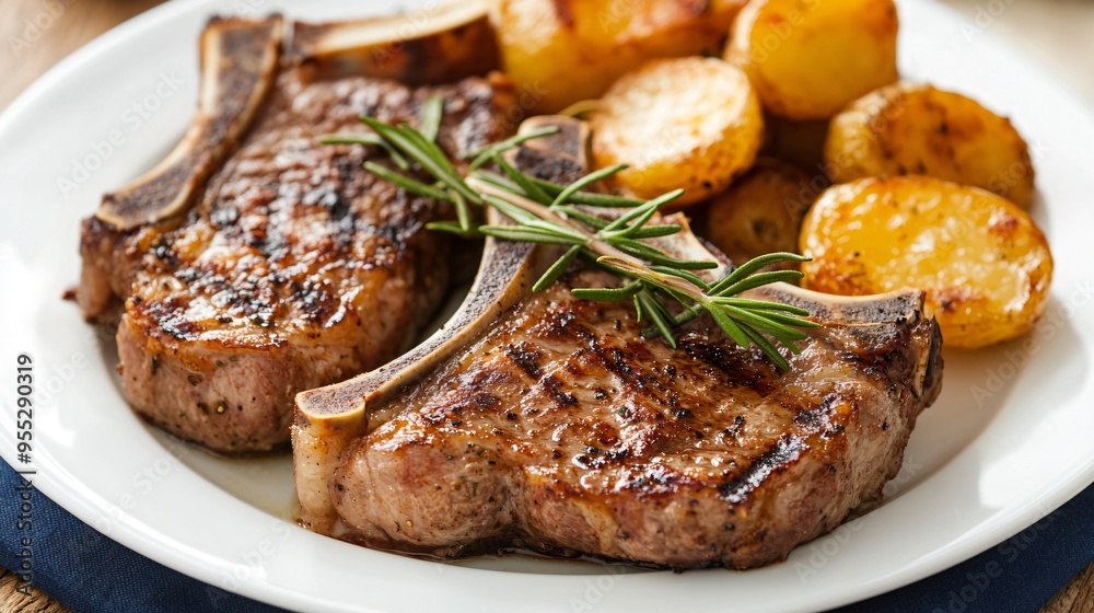 A plate of grilled chuletillas de cordero (lamb chops), garnished with rosemary and served with a side of roasted potatoes A plate of grilled chuletillas de cordero (lamb chops), garnished with rosemary and served with a side of roasted potatoes