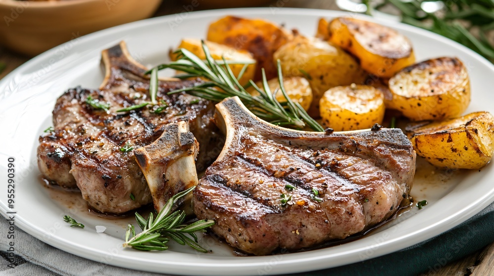 A plate of grilled chuletillas de cordero (lamb chops), garnished with rosemary and served with a side of roasted potatoes A plate of grilled chuletillas de cordero (lamb chops), garnished with rosemary and served with a side of roasted potatoes