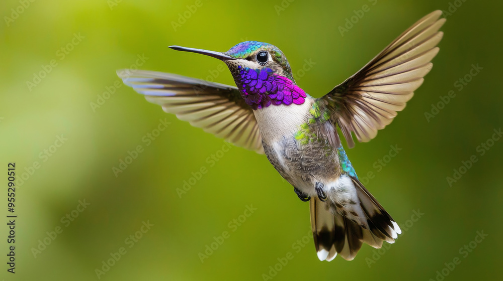 A hummingbird with a purple and blue tail is flying in the air A hummingbird with a purple and blue tail is flying in the air