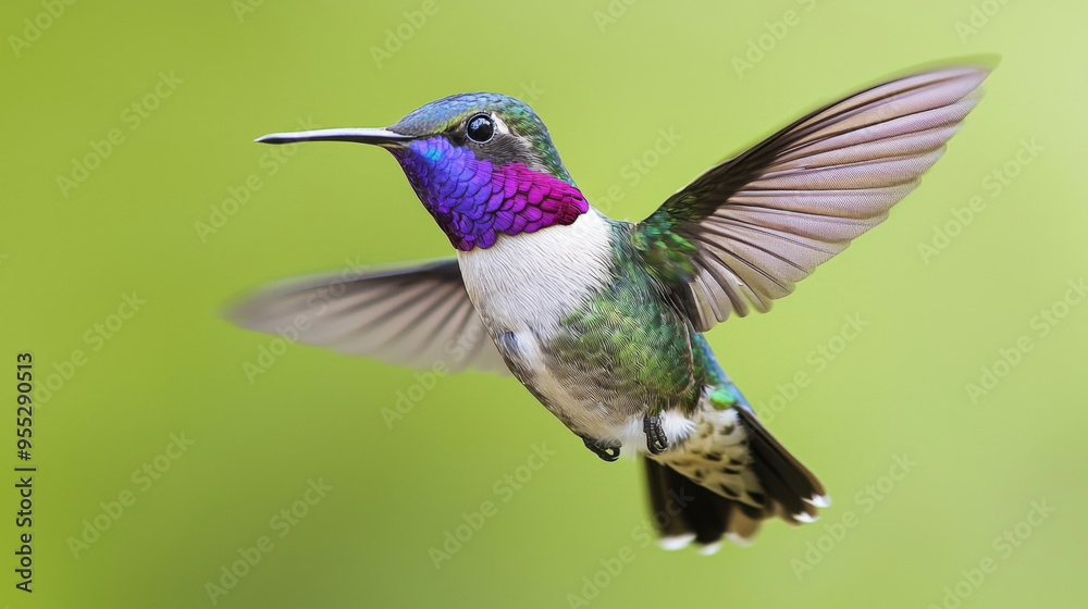 Fototapeta premium A hummingbird with a blue and purple head and wings