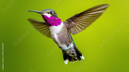 A hummingbird with a pink and purple beak is flying through the air