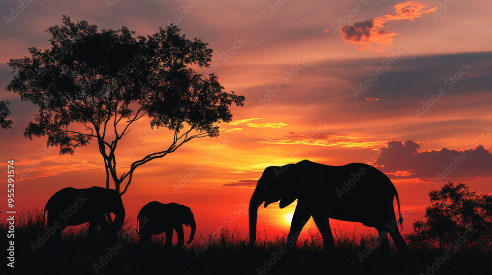 Fototapeta premium Elephants silhouette at sunset 
