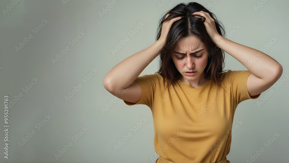 Woman suffering from stress, migraine or a headache grimacing in pain Woman suffering from stress, migraine or a headache grimacing in pain
