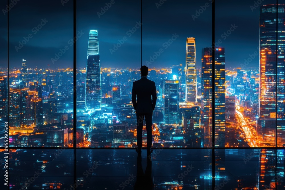 Businessman standing in office next to huge panoramic window with incredible night city business downtown. Success business Concept. Businessman standing in office next to huge panoramic window with incredible night city business downtown. Success business Concept.