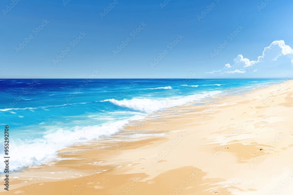 Fototapeta premium Sea beach with sky and clouds background, Drawing style. 