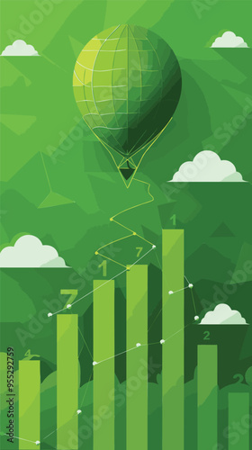 Soaring Green Graph and Balloon Symbolizing Market Growth, Economic Prosperity, and High-Performance Profits in Business