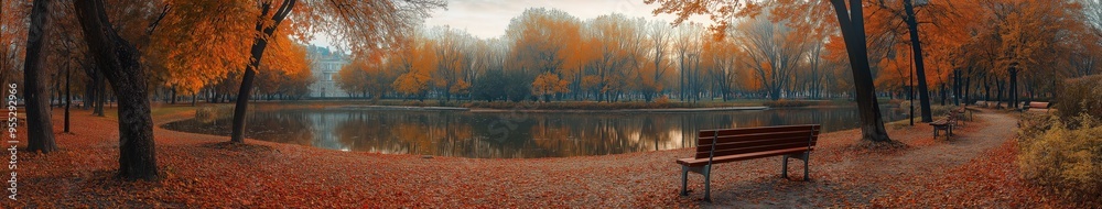 Autumn Park Panorama with Bench and Reflection Autumn Park Panorama with Bench and Reflection