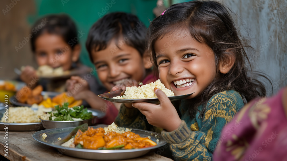 Photograph children from different backgrounds happily enjoying nutritious meals at school or home, highlighting the significance of providing healthy food to the next generation Photograph children from different backgrounds happily enjoying nutritious meals at school or home, highlighting the significance of providing healthy food to the next generation